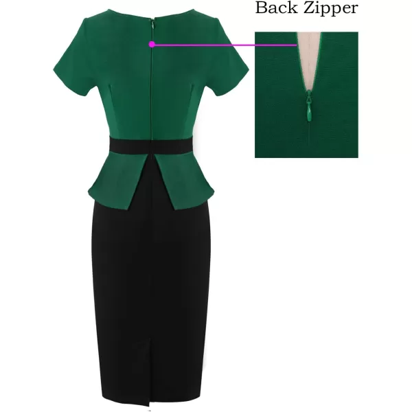 VFSHOW Womens Front Zipper Peplum Work Business Office Bodycon Pencil Sheath DressGreen and Black With Peplum2