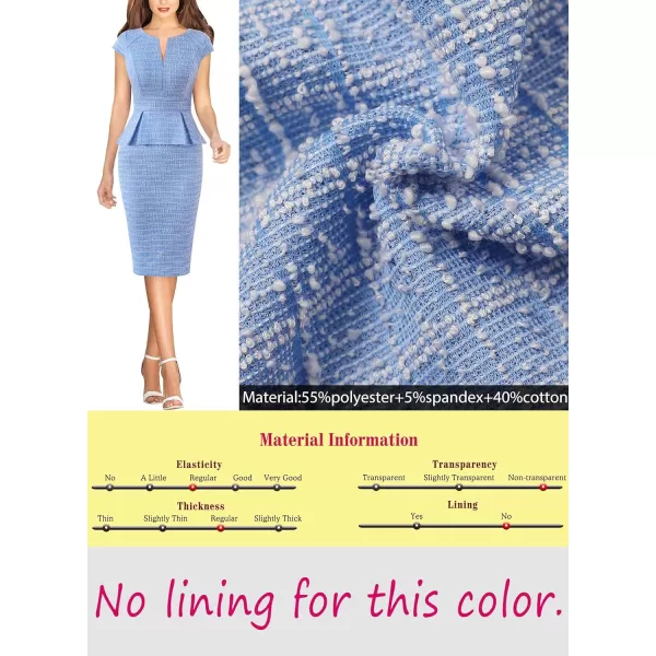 VFSHOW Womens Front Zipper Peplum Work Business Office Bodycon Pencil Sheath DressLight Blue Tweed Cap Sleeves