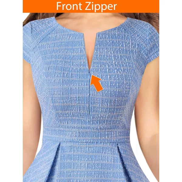 VFSHOW Womens Front Zipper Peplum Work Business Office Bodycon Pencil Sheath DressLight Blue Tweed Cap Sleeves