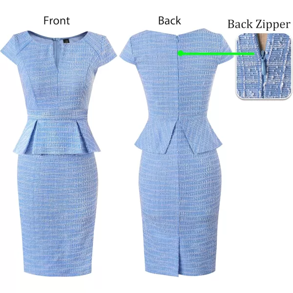 VFSHOW Womens Front Zipper Peplum Work Business Office Bodycon Pencil Sheath DressLight Blue Tweed Cap Sleeves