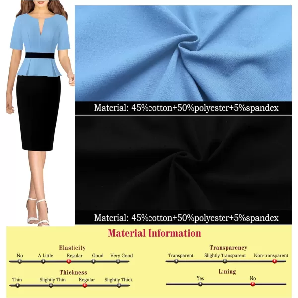 VFSHOW Womens Front Zipper Peplum Work Business Office Bodycon Pencil Sheath DressLight Blue and Black2