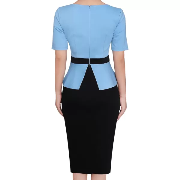 VFSHOW Womens Front Zipper Peplum Work Business Office Bodycon Pencil Sheath DressLight Blue and Black2