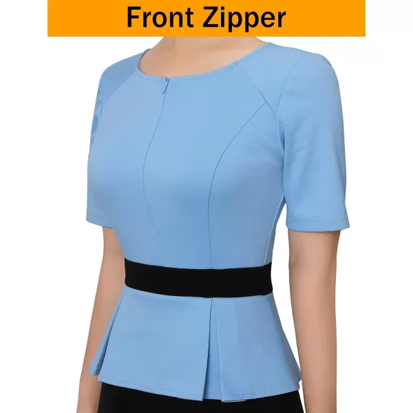 VFSHOW Womens Front Zipper Peplum Work Business Office Bodycon Pencil Sheath DressLight Blue and Black2