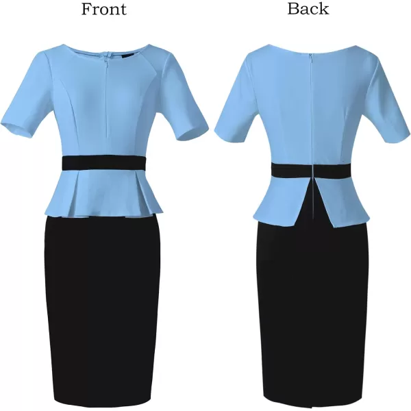 VFSHOW Womens Front Zipper Peplum Work Business Office Bodycon Pencil Sheath DressLight Blue and Black2