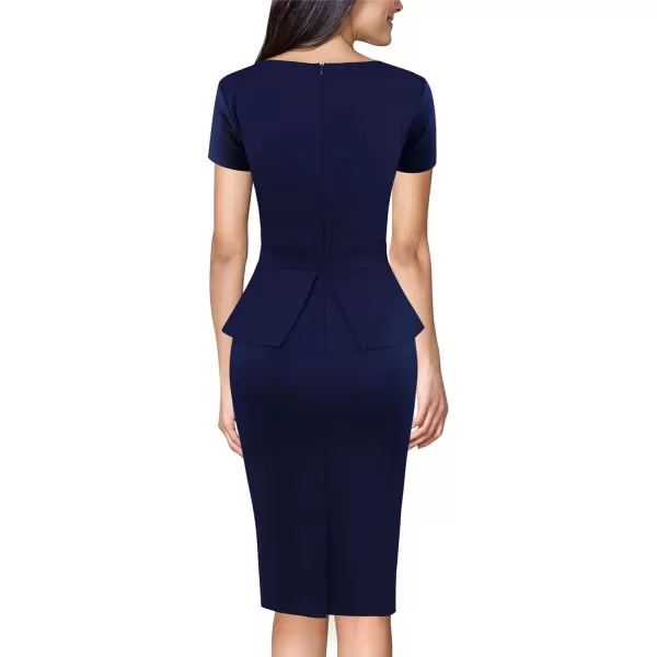 VFSHOW Womens Front Zipper Peplum Work Business Office Bodycon Pencil Sheath DressNavy Blueshort Sleeve