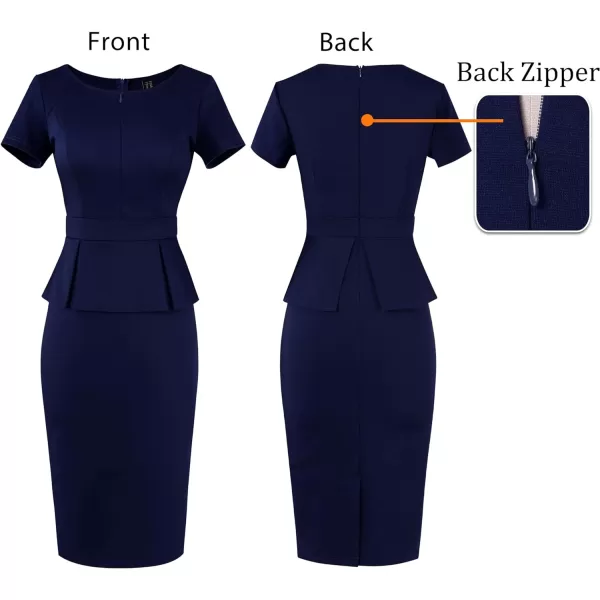 VFSHOW Womens Front Zipper Peplum Work Business Office Bodycon Pencil Sheath DressNavy Blueshort Sleeve