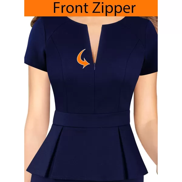 VFSHOW Womens Front Zipper Peplum Work Business Office Bodycon Pencil Sheath DressNavy Blueshort Sleeve