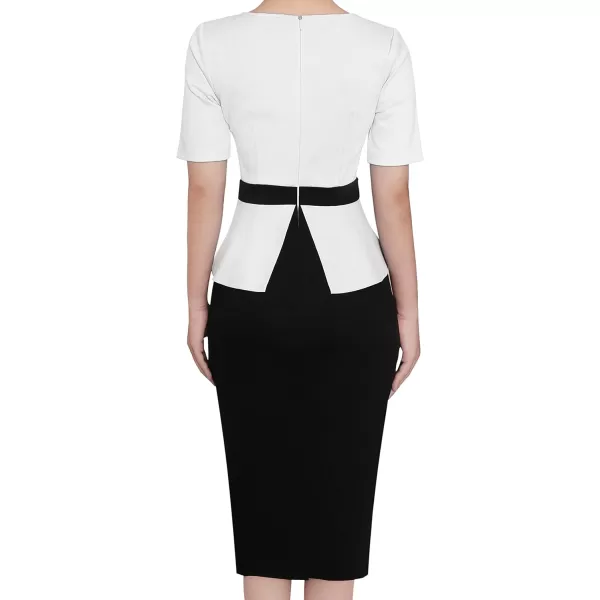 VFSHOW Womens Front Zipper Peplum Work Business Office Bodycon Pencil Sheath DressOff White and Black2