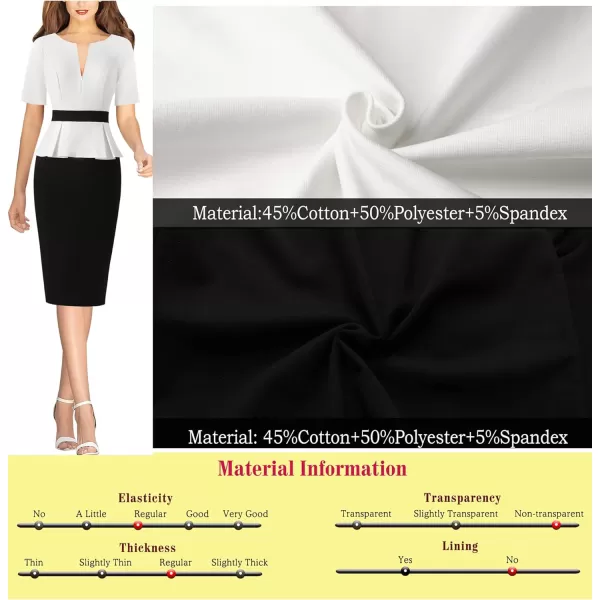 VFSHOW Womens Front Zipper Peplum Work Business Office Bodycon Pencil Sheath DressOff White and Black2