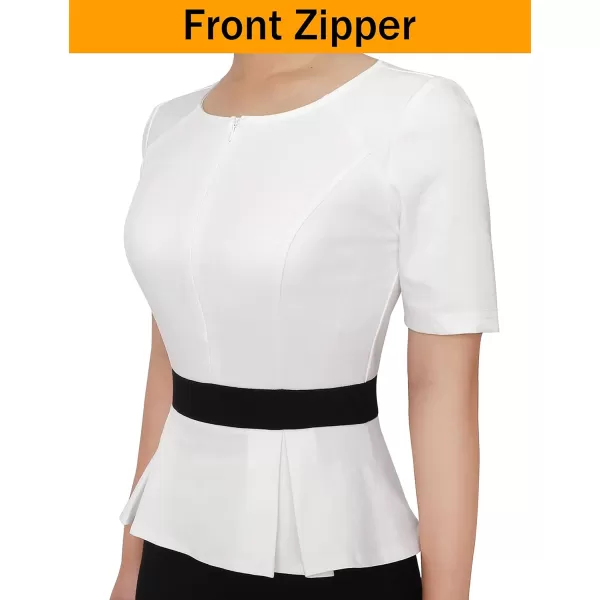 VFSHOW Womens Front Zipper Peplum Work Business Office Bodycon Pencil Sheath DressOff White and Black2