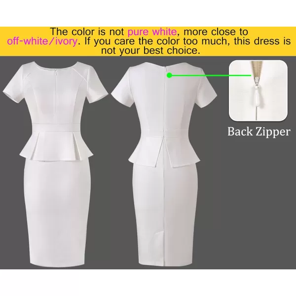 VFSHOW Womens Front Zipper Peplum Work Business Office Bodycon Pencil Sheath DressOffwhite Short Sleeve