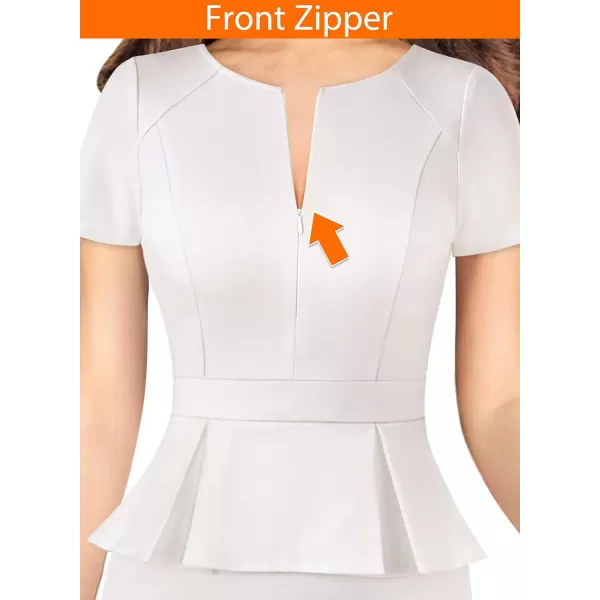 VFSHOW Womens Front Zipper Peplum Work Business Office Bodycon Pencil Sheath DressOffwhite Short Sleeve