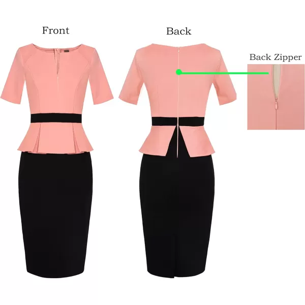 VFSHOW Womens Front Zipper Peplum Work Business Office Bodycon Pencil Sheath DressPeach Pink and Black2