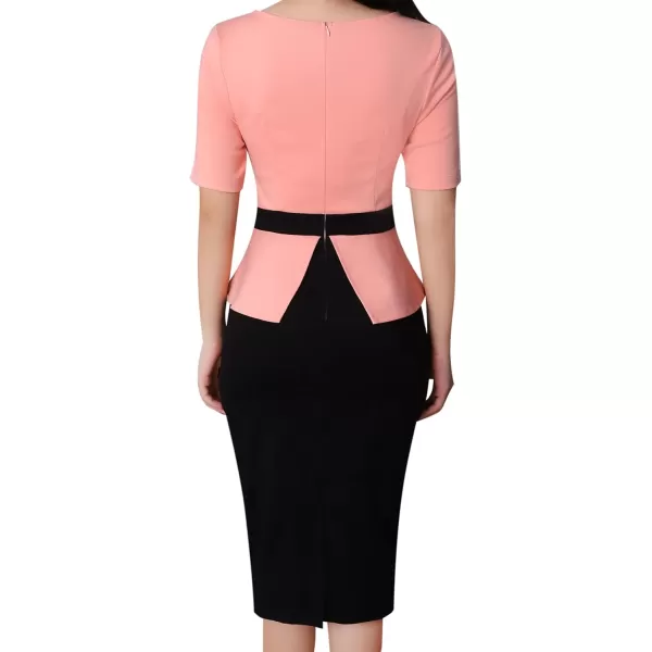 VFSHOW Womens Front Zipper Peplum Work Business Office Bodycon Pencil Sheath DressPeach Pink and Black2