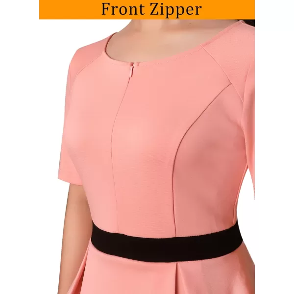 VFSHOW Womens Front Zipper Peplum Work Business Office Bodycon Pencil Sheath DressPeach Pink and Black2