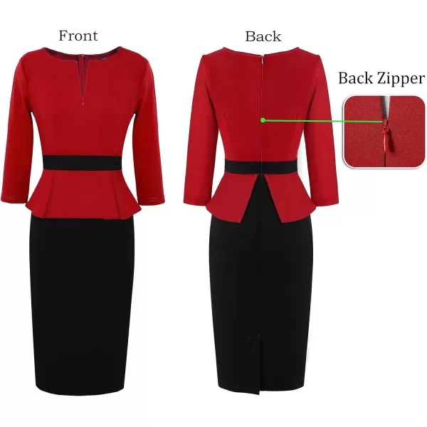 VFSHOW Womens Front Zipper Peplum Work Business Office Bodycon Pencil Sheath DressRed and Black 34 Sleeve