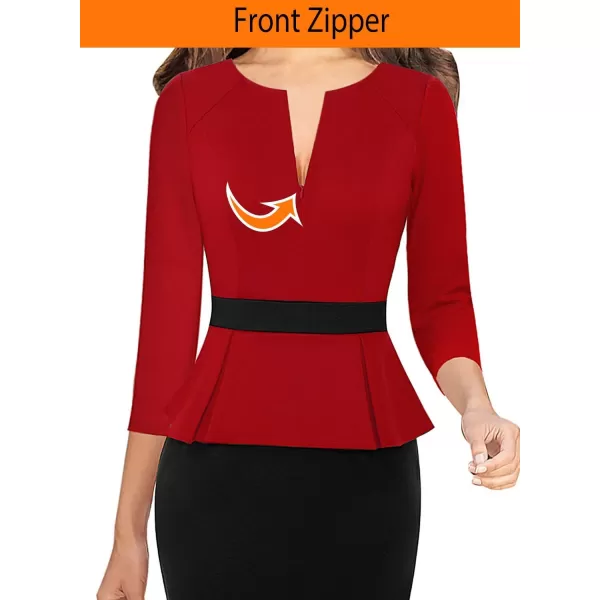 VFSHOW Womens Front Zipper Peplum Work Business Office Bodycon Pencil Sheath DressRed and Black 34 Sleeve