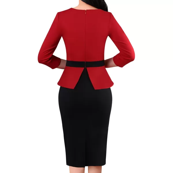 VFSHOW Womens Front Zipper Peplum Work Business Office Bodycon Pencil Sheath DressRed and Black 34 Sleeve