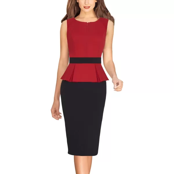 VFSHOW Womens Front Zipper Peplum Work Business Office Bodycon Pencil Sheath DressRed and Black With Peplum