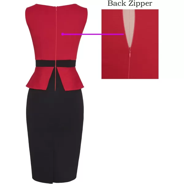 VFSHOW Womens Front Zipper Peplum Work Business Office Bodycon Pencil Sheath DressRed and Black With Peplum