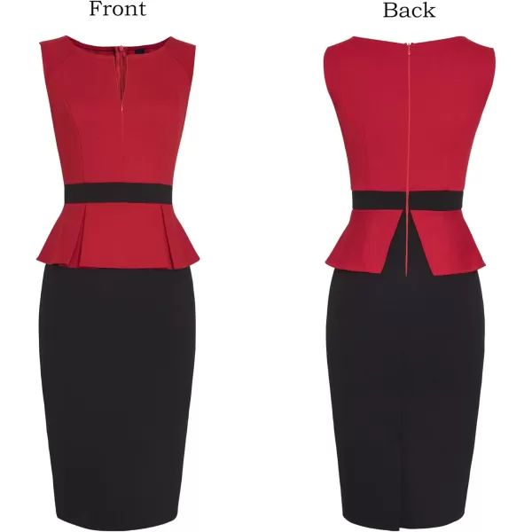 VFSHOW Womens Front Zipper Peplum Work Business Office Bodycon Pencil Sheath DressRed and Black With Peplum