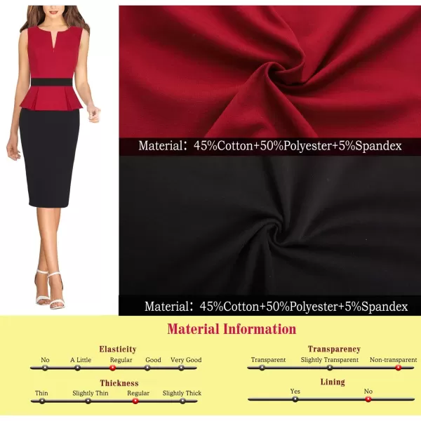 VFSHOW Womens Front Zipper Peplum Work Business Office Bodycon Pencil Sheath DressRed and Black With Peplum