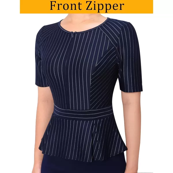 VFSHOW Womens Front Zipper Peplum Work Business Office Bodycon Pencil Sheath DressStripe and Nave Blue