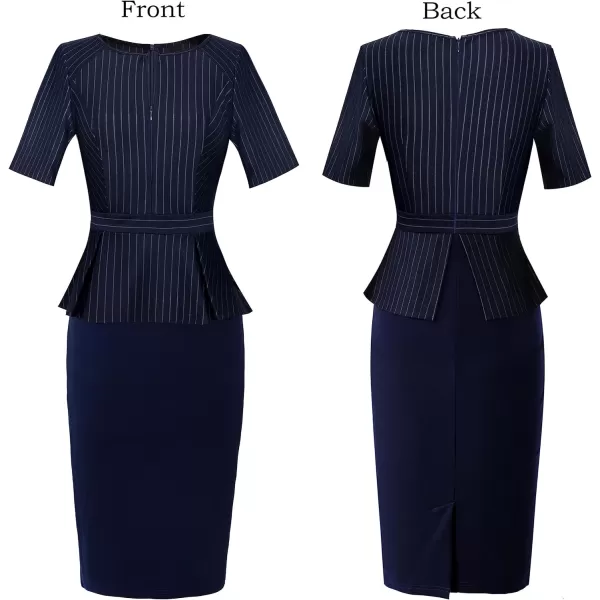 VFSHOW Womens Front Zipper Peplum Work Business Office Bodycon Pencil Sheath DressStripe and Nave Blue