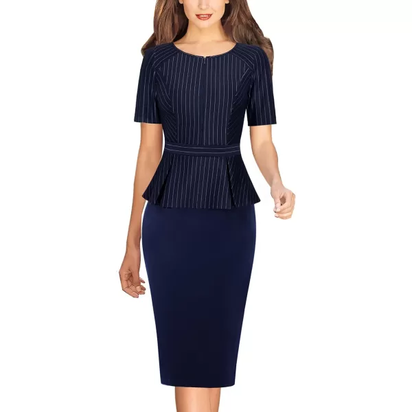 VFSHOW Womens Front Zipper Peplum Work Business Office Bodycon Pencil Sheath DressStripe and Nave Blue