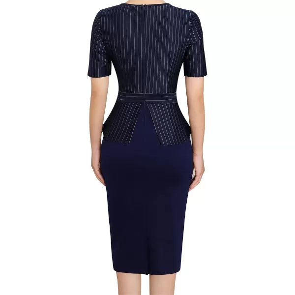 VFSHOW Womens Front Zipper Peplum Work Business Office Bodycon Pencil Sheath DressStripe and Nave Blue