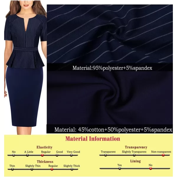 VFSHOW Womens Front Zipper Peplum Work Business Office Bodycon Pencil Sheath DressStripe and Nave Blue