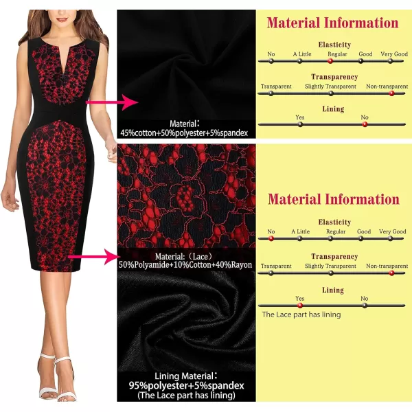 VFSHOW Womens Front Zipper Slim Wear to Work Business Office Party Pencil DressBlack  Red Floral Lace3