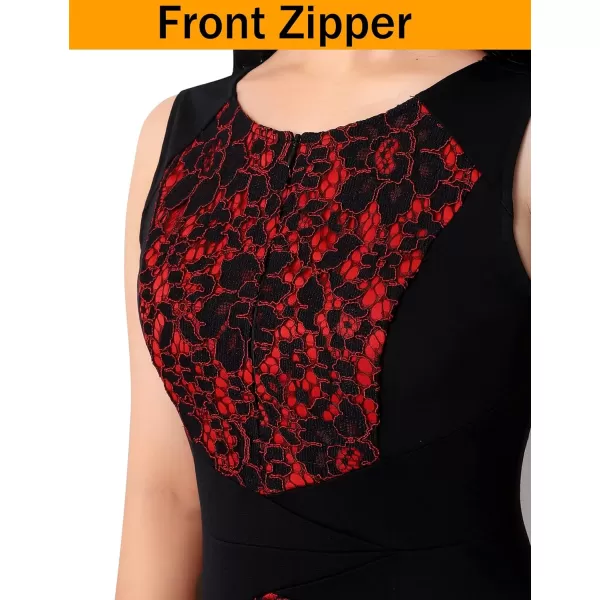 VFSHOW Womens Front Zipper Slim Wear to Work Business Office Party Pencil DressBlack  Red Floral Lace3