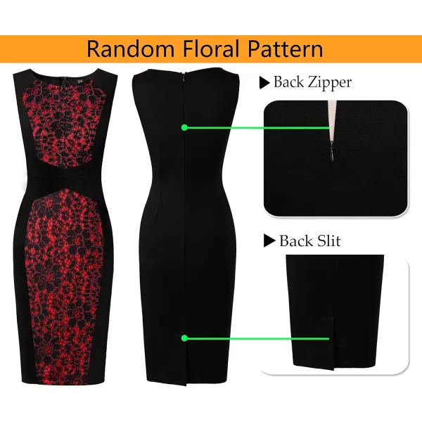 VFSHOW Womens Front Zipper Slim Wear to Work Business Office Party Pencil DressBlack  Red Floral Lace3