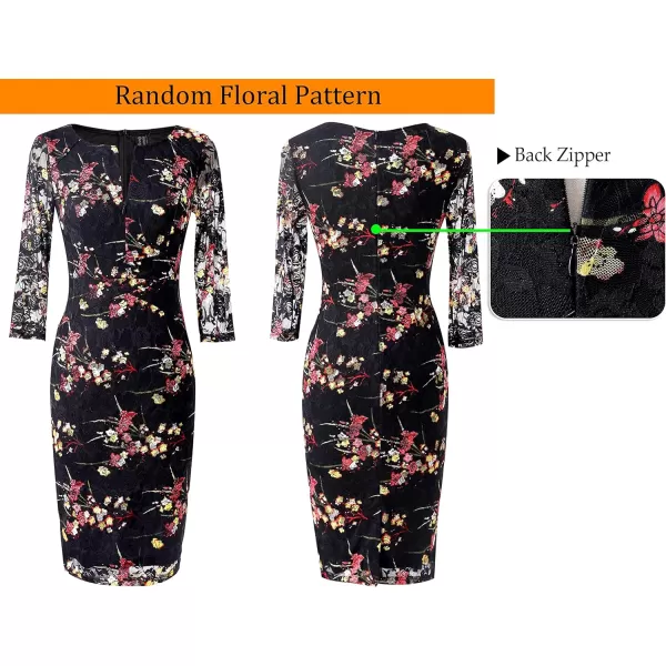 VFSHOW Womens Front Zipper Slim Wear to Work Business Office Party Pencil DressBlack Lace Multi Floral Print