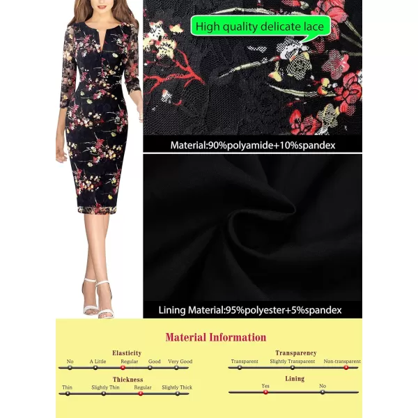 VFSHOW Womens Front Zipper Slim Wear to Work Business Office Party Pencil DressBlack Lace Multi Floral Print