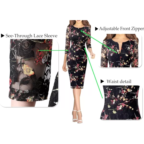 VFSHOW Womens Front Zipper Slim Wear to Work Business Office Party Pencil DressBlack Lace Multi Floral Print