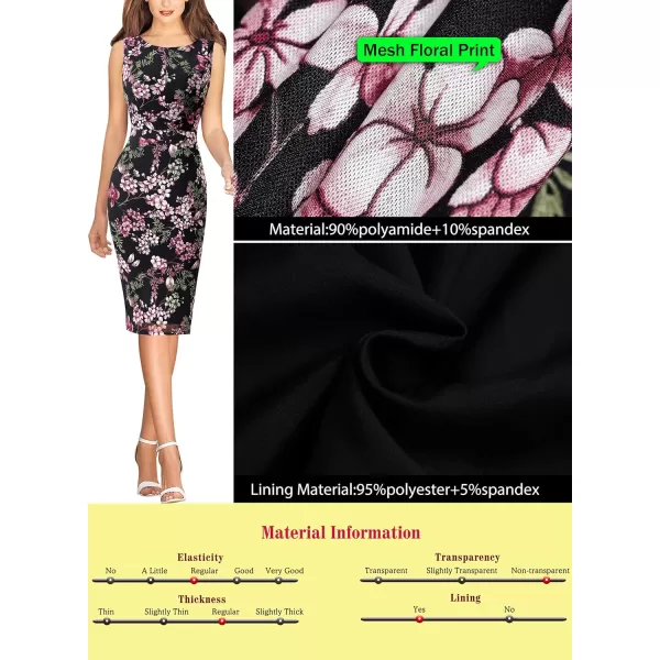 VFSHOW Womens Front Zipper Slim Wear to Work Business Office Party Pencil DressBlack Mesh and Pink Floral Print