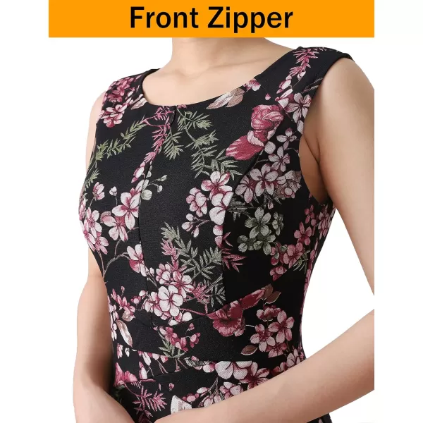 VFSHOW Womens Front Zipper Slim Wear to Work Business Office Party Pencil DressBlack Mesh and Pink Floral Print