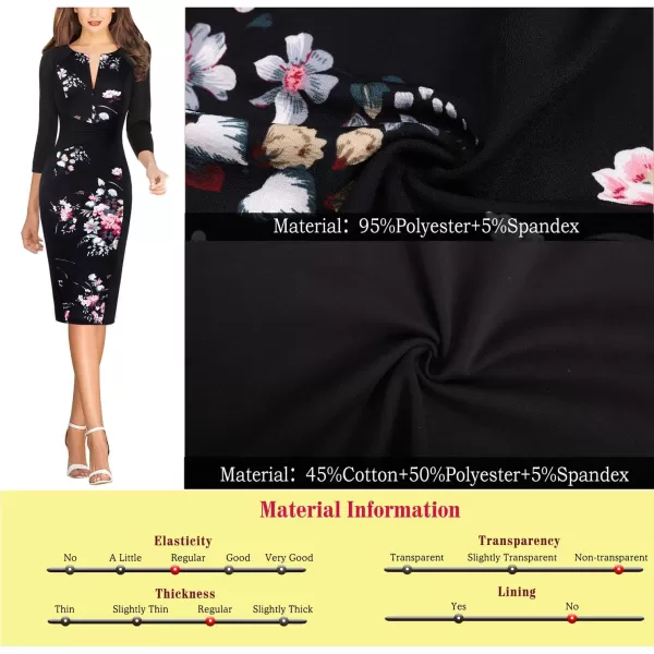 VFSHOW Womens Front Zipper Slim Wear to Work Business Office Party Pencil DressBlack Multi Floral Print34 Sleeve