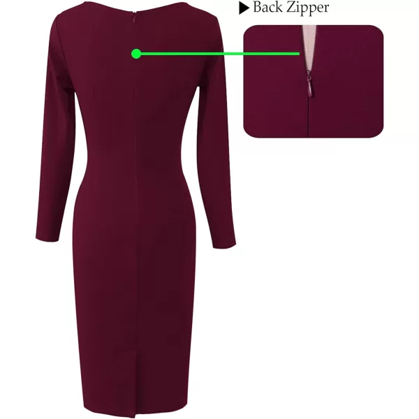 VFSHOW Womens Front Zipper Slim Wear to Work Business Office Party Pencil DressDark Red Long Sleeve  2