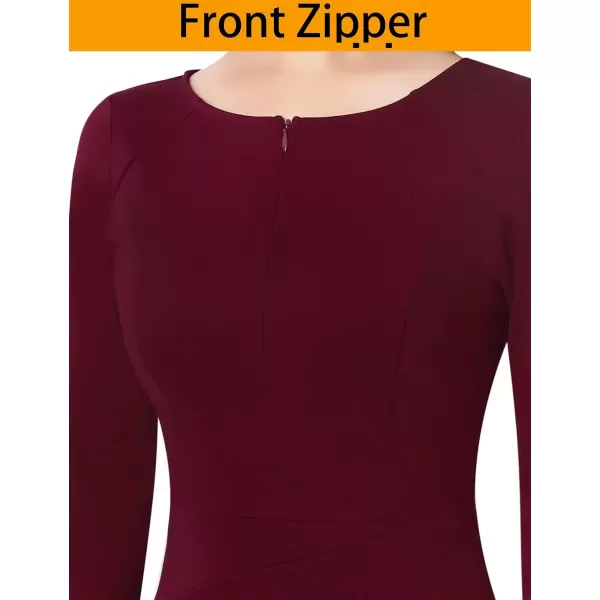 VFSHOW Womens Front Zipper Slim Wear to Work Business Office Party Pencil DressDark Red Long Sleeve  2