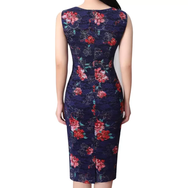 VFSHOW Womens Front Zipper Slim Wear to Work Business Office Party Pencil DressNavy Blue and Floral Printed Lace3