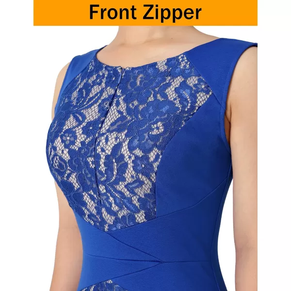 VFSHOW Womens Front Zipper Slim Wear to Work Business Office Party Pencil DressRoyal Blue Floral Lace2