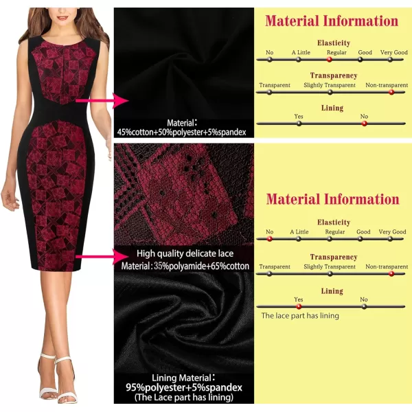 VFSHOW Womens Front Zipper Slim Work Business Office Bodycon Sheath Pencil DressBlack  Dark Red Lace2