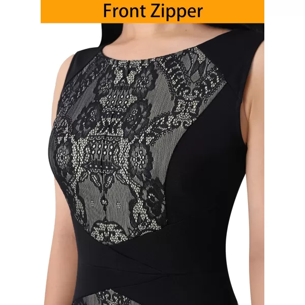 VFSHOW Womens Front Zipper Slim Work Business Office Bodycon Sheath Pencil DressBlack Floral Lace7