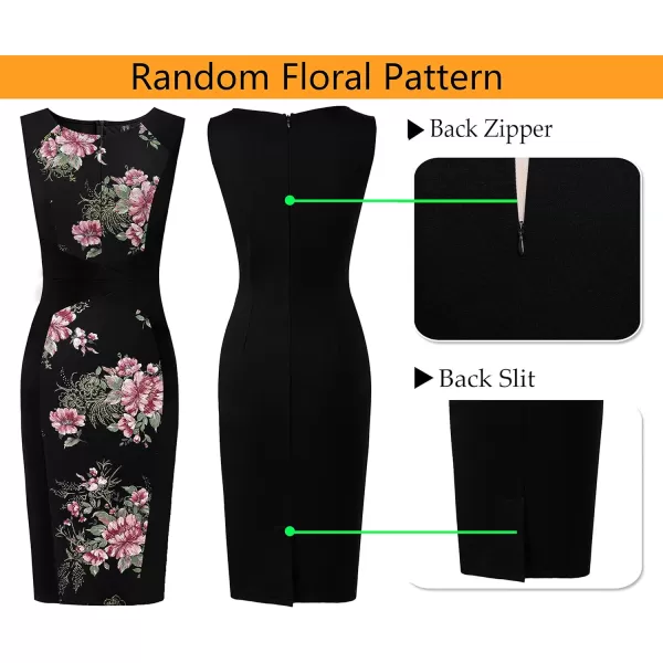 VFSHOW Womens Front Zipper Slim Work Business Office Bodycon Sheath Pencil DressBlack and Pink Floral Print2