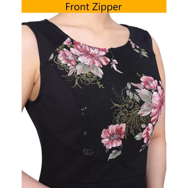 VFSHOW Womens Front Zipper Slim Work Business Office Bodycon Sheath Pencil DressBlack and Pink Floral Print2