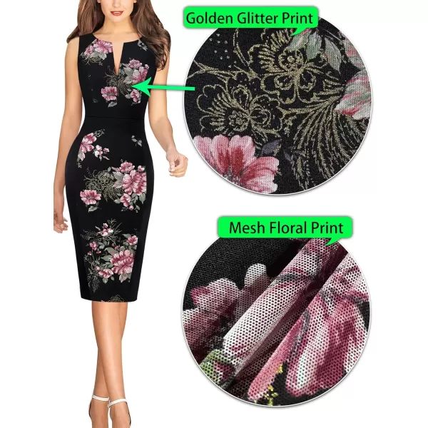 VFSHOW Womens Front Zipper Slim Work Business Office Bodycon Sheath Pencil DressBlack and Pink Floral Print2