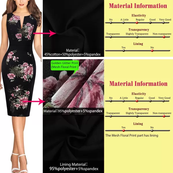 VFSHOW Womens Front Zipper Slim Work Business Office Bodycon Sheath Pencil DressBlack and Pink Floral Print2